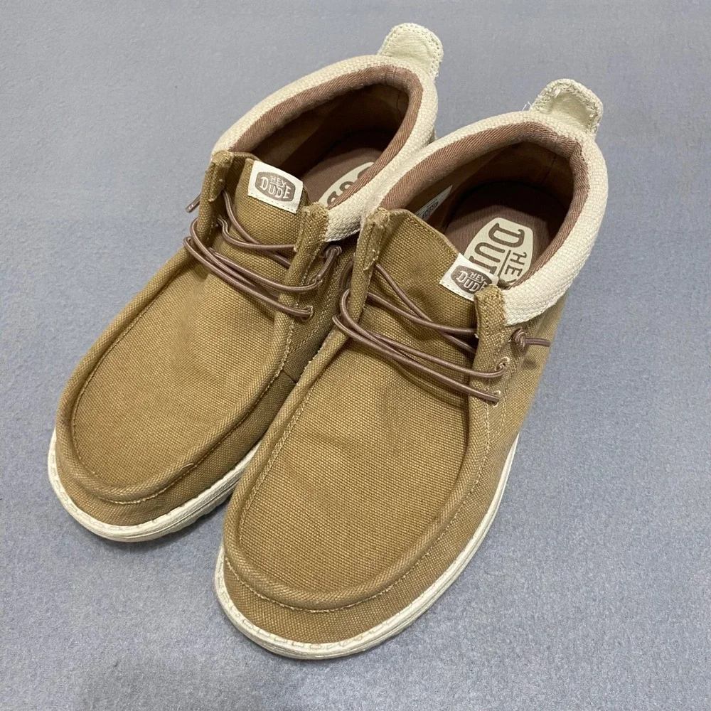 Hey Dude Wally Mid Salt N Stone Men 10 Tan White Canvas Casual Loafers 40957-25W
